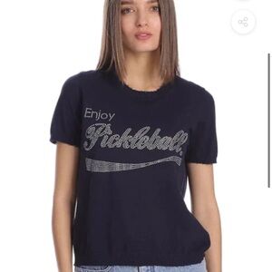 Brand New Minnie Rose cotton cashmere enjoy pickleball bling navy sweater tee S